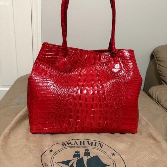 Brahmin Anytime Medium Party Red Croc Embossed Soft Leather Tote BRAND NEW - Picture 2 of 4